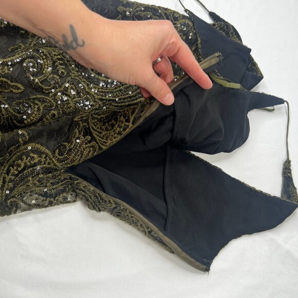Free People Night Shimmer Lace Mini Dress Sequin Sleeveless Olive Green Black 4 - Picture 10 of 13